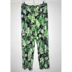 Joan Vass New York Pants Womens XL Black Green Tropical Leaf Wide Leg Tie Waist